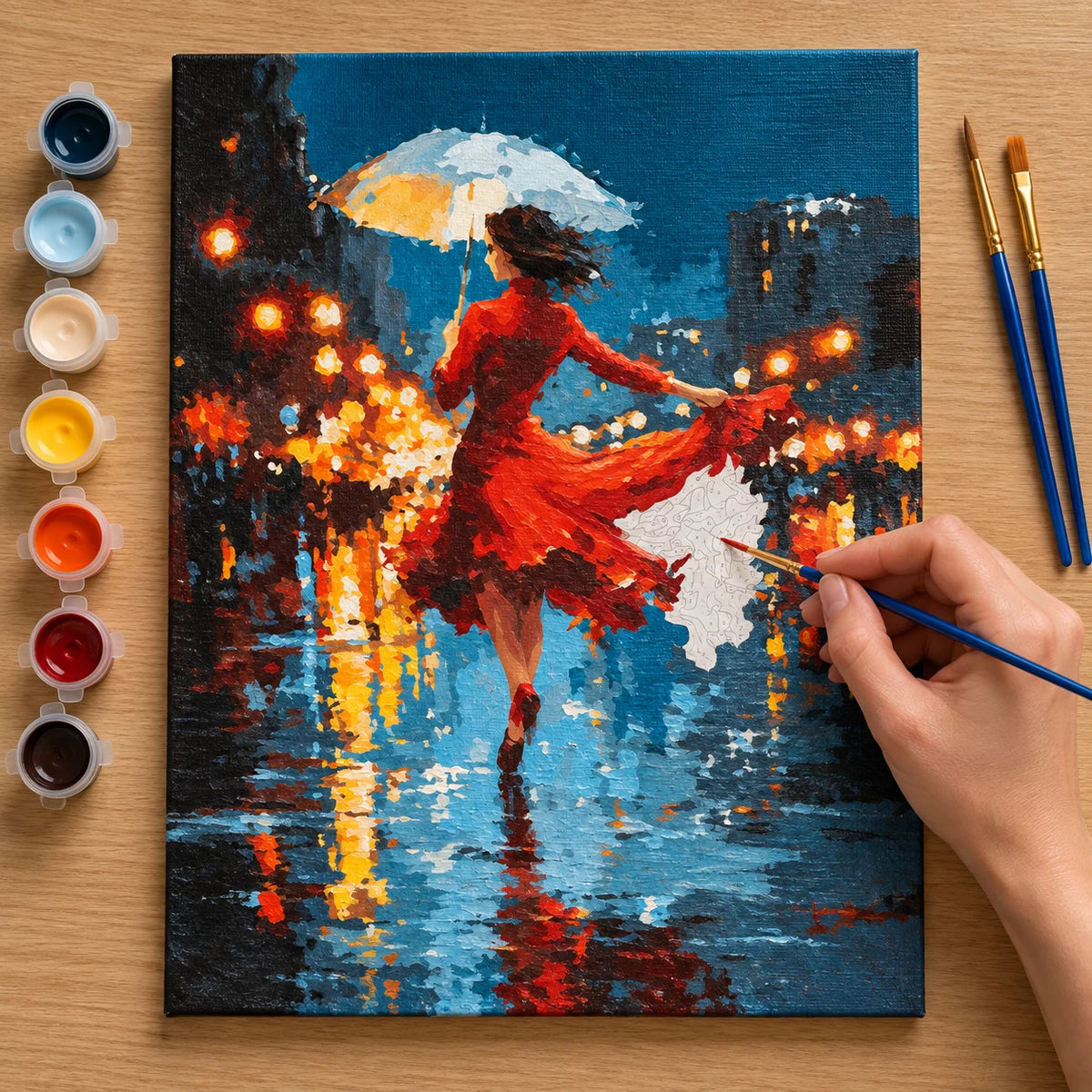 Complete Red Dress Dancer in the Rain numbered canvas being painted with acrylic paints and brushes