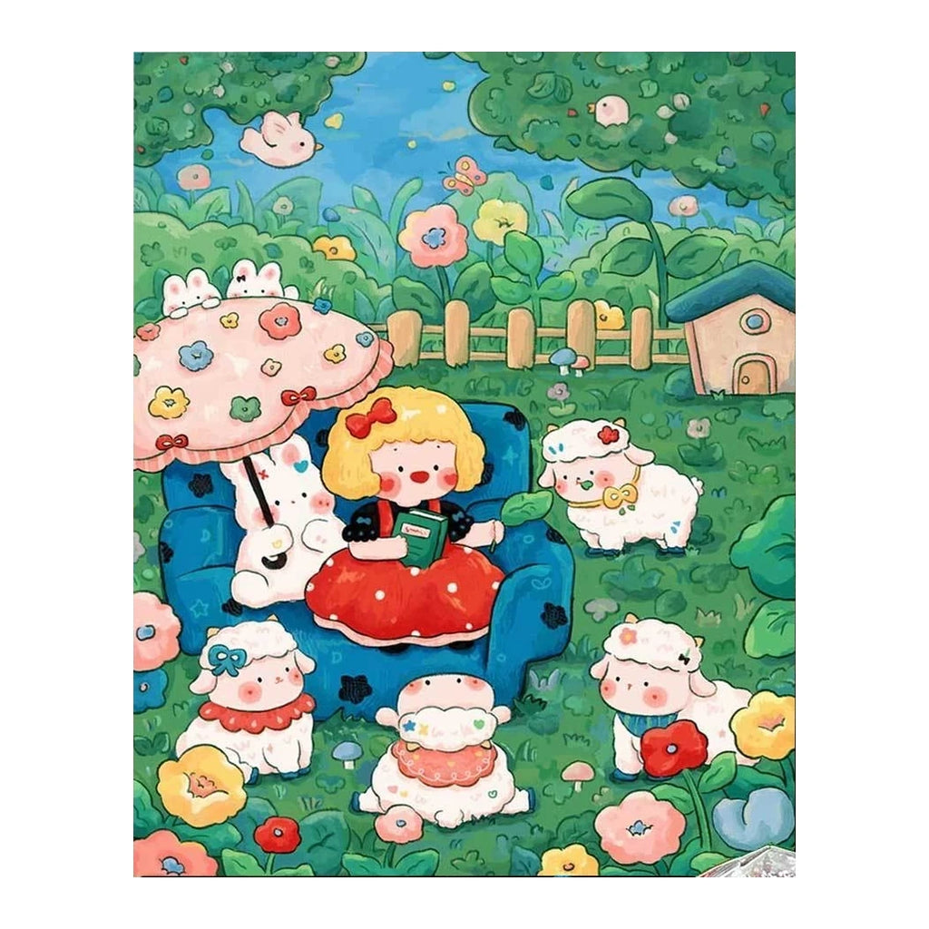 White-background original artwork of a blonde girl in a red dress among lambs, flowers, and a garden cottage