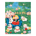 White-background original artwork of a blonde girl in a red dress among lambs, flowers, and a garden cottage