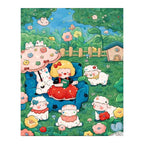 White-background original artwork of a blonde girl in a red dress among lambs, flowers, and a garden cottage