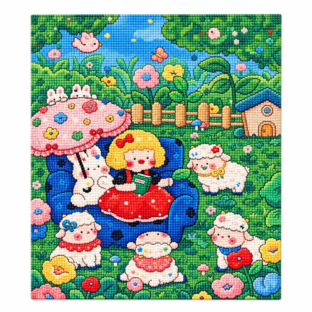 White-background diamondized artwork of a red dress girl with lambs in a cottage garden