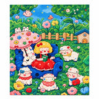 White-background diamondized artwork of a red dress girl with lambs in a cottage garden
