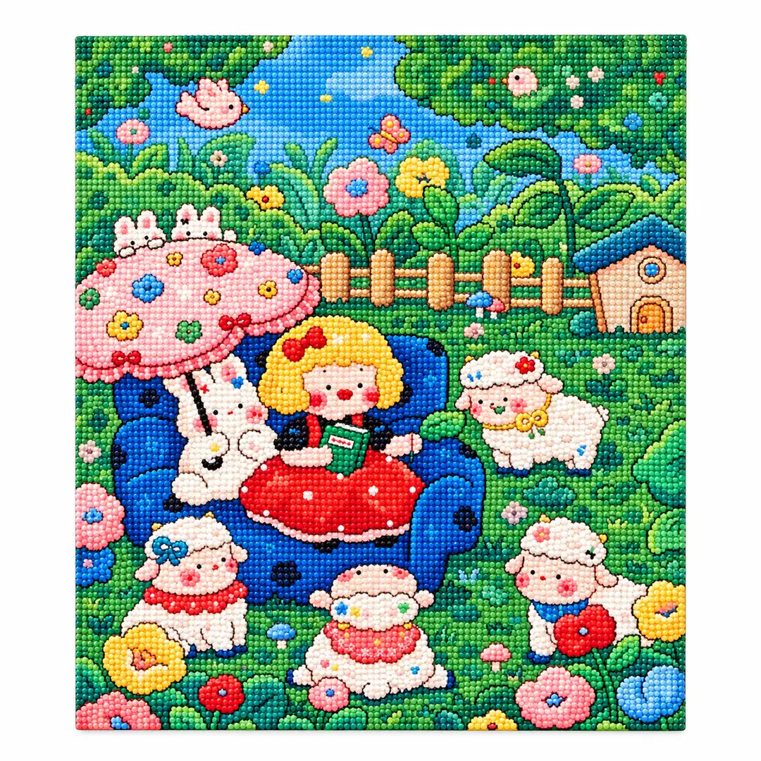 White-background diamondized artwork of a red dress girl with lambs in a cottage garden