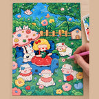 Diamond painting process showing a red dress girl and lambs being completed with a stylus