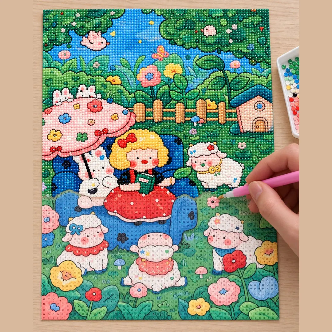 Diamond painting process showing a red dress girl and lambs being completed with a stylus