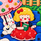 Close-up diamond drill detail of a red dress girl, lamb, and garden flowers