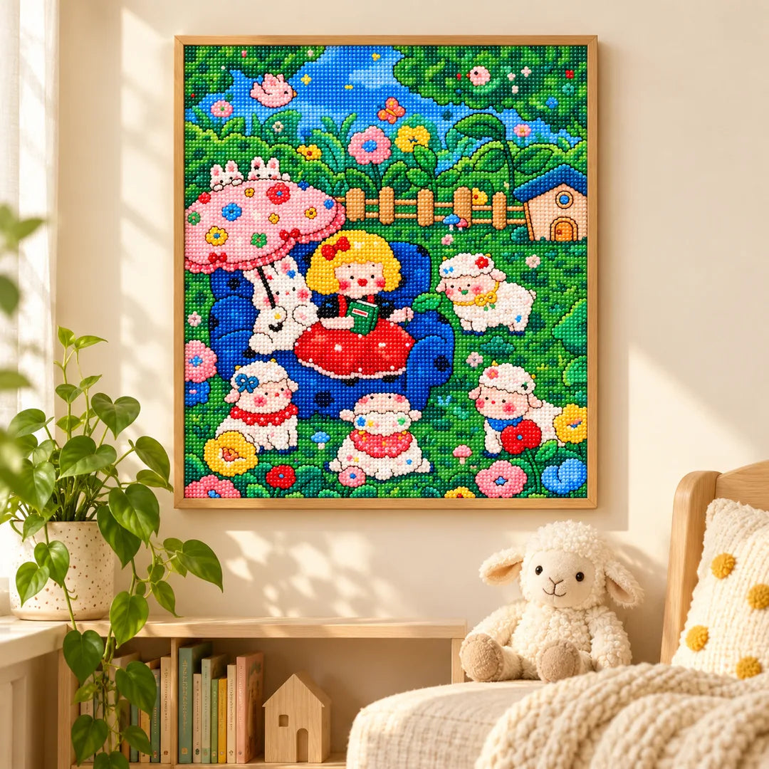 Framed red dress girl and lambs diamond painting displayed as cottage home decor