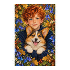 Finished white-background diamond painting of Red Haired Boy and Corgi