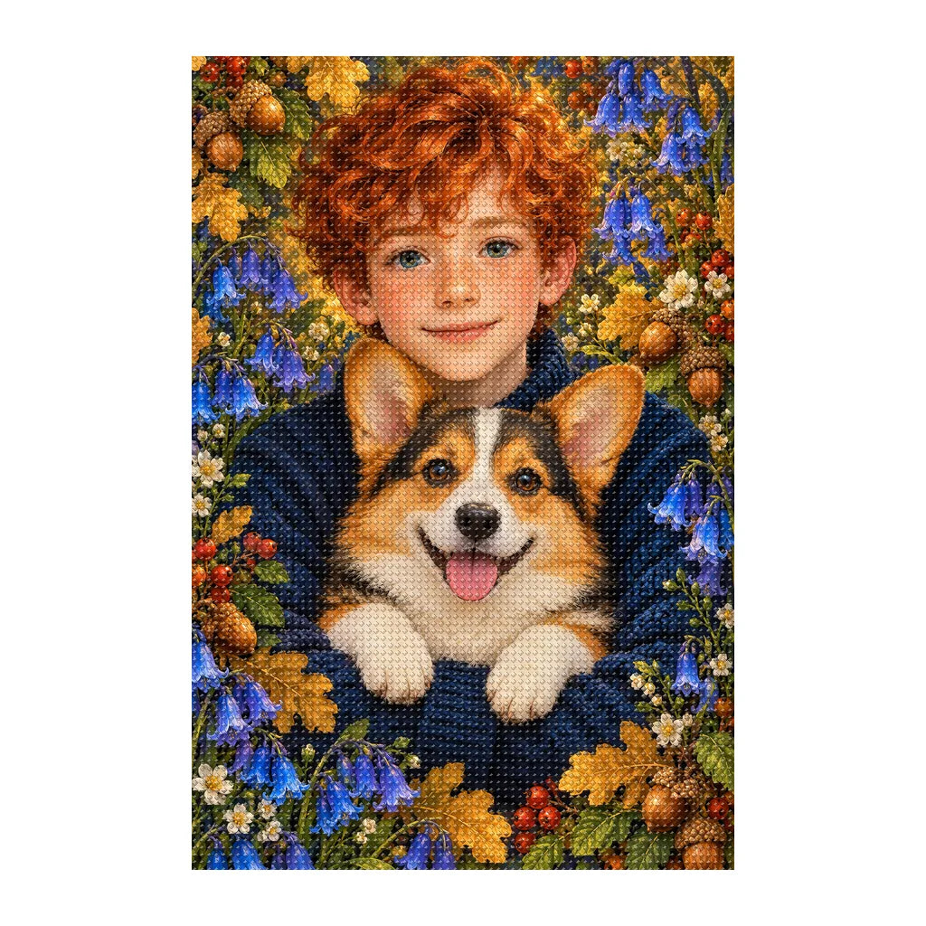 Finished white-background diamond painting of Red Haired Boy and Corgi
