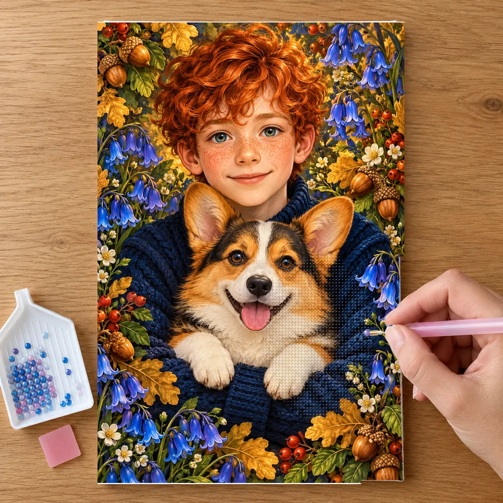 Hands placing drills on the Red Haired Boy and Corgi diamond painting canvas