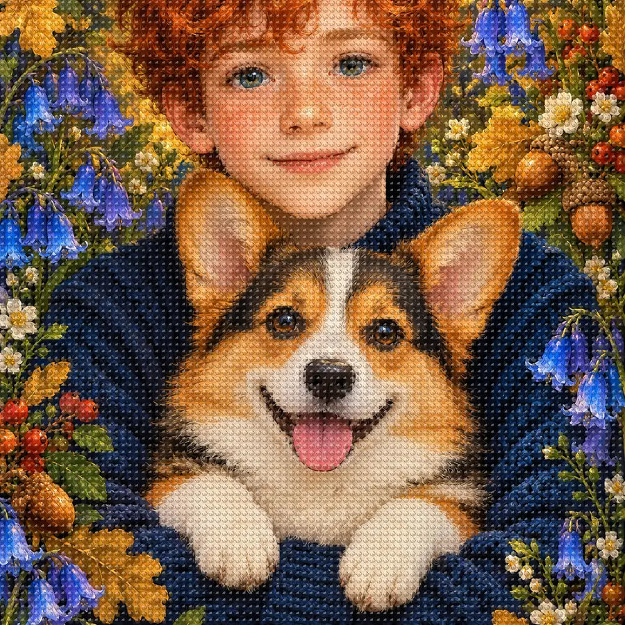 Close-up of sparkling drills on the Red Haired Boy and Corgi design