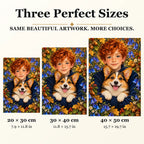 Red Haired Boy and Corgi diamond painting in 20 by 30, 30 by 40, and 40 by 50 centimeter sizes