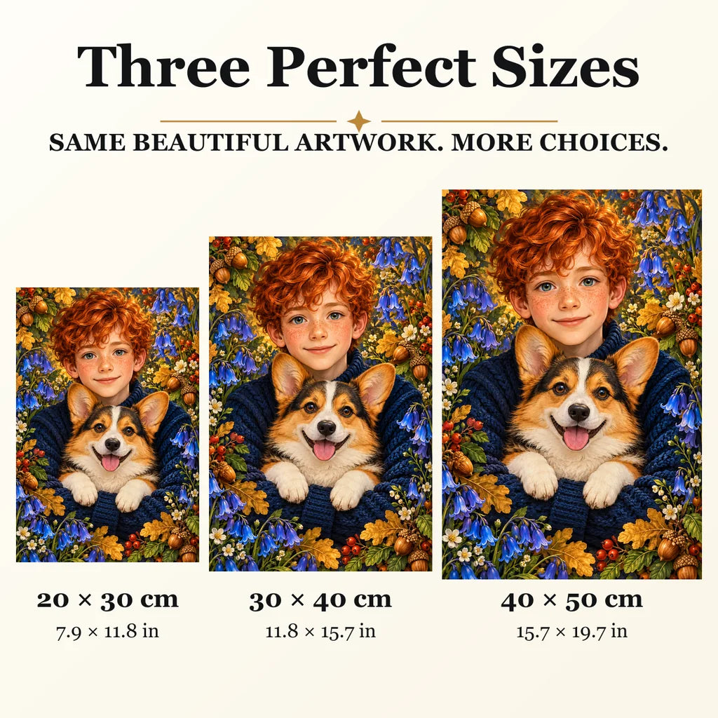 Red Haired Boy and Corgi diamond painting in 20 by 30, 30 by 40, and 40 by 50 centimeter sizes