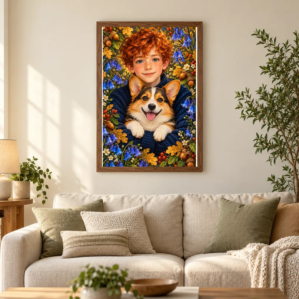 Framed Red Haired Boy and Corgi diamond painting displayed in a home interior