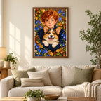 Framed Red Haired Boy and Corgi diamond painting displayed in a home interior