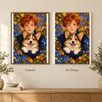 Framed and no-frame options for the Red Haired Boy and Corgi diamond painting