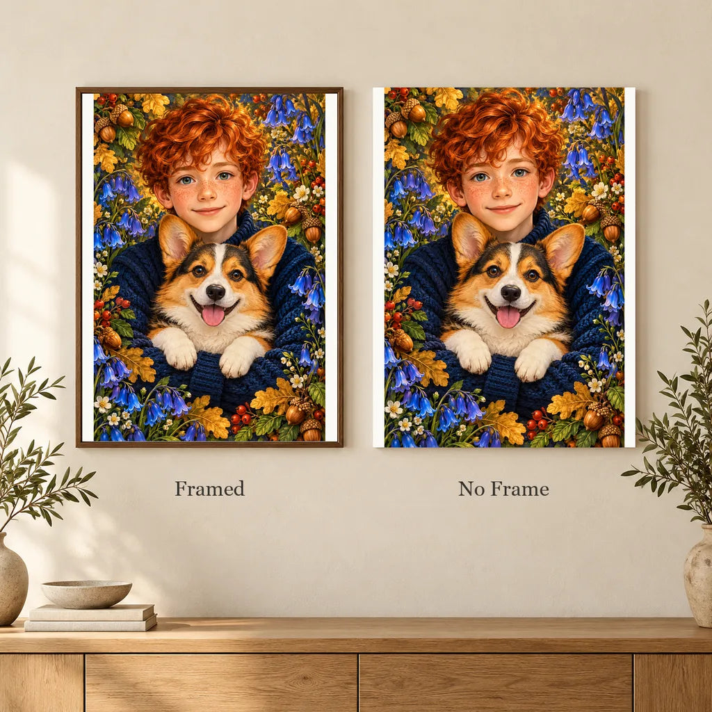 Framed and no-frame options for the Red Haired Boy and Corgi diamond painting