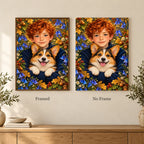 Framed and no-frame options for the Red Haired Boy and Corgi diamond painting