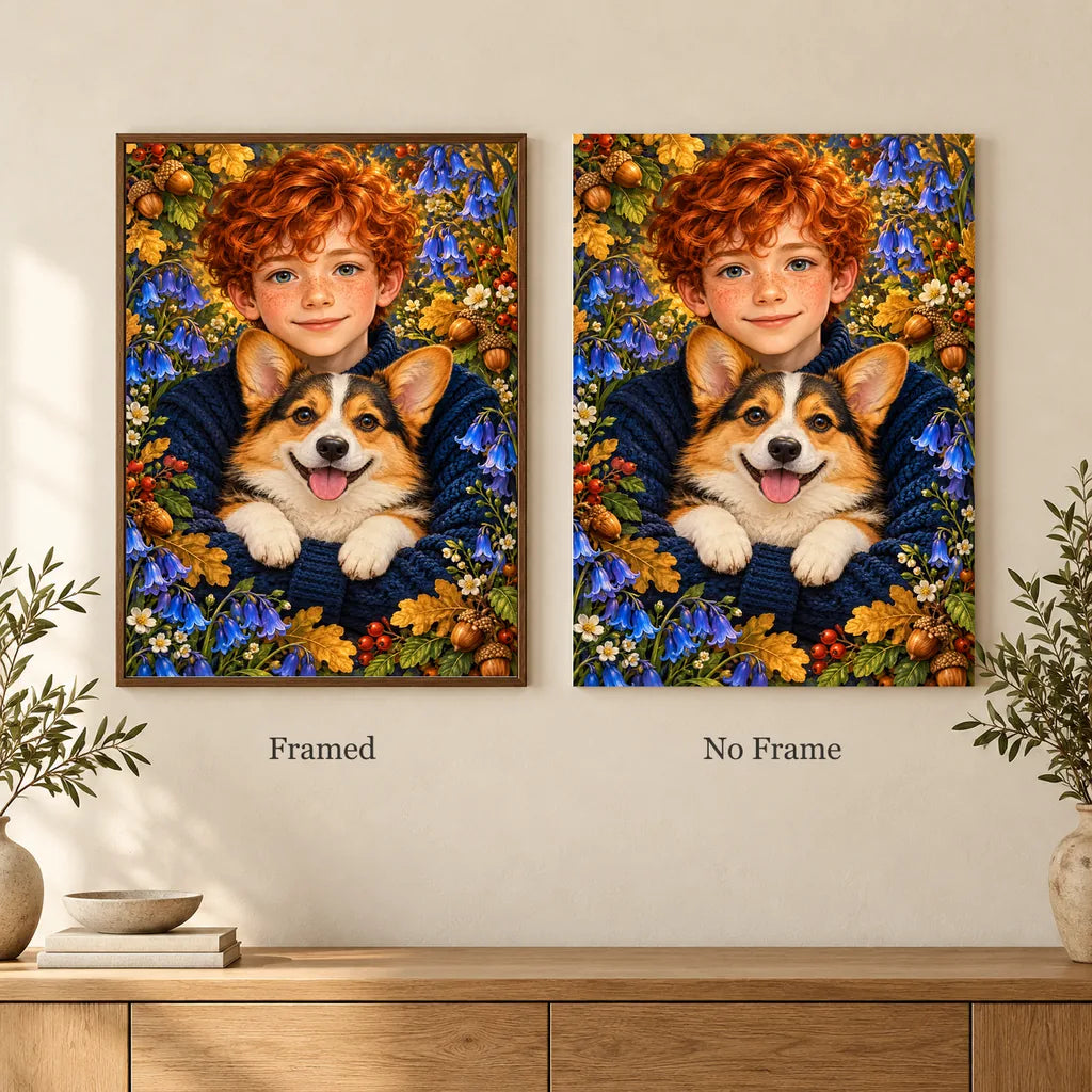 Framed and no-frame options for the Red Haired Boy and Corgi diamond painting