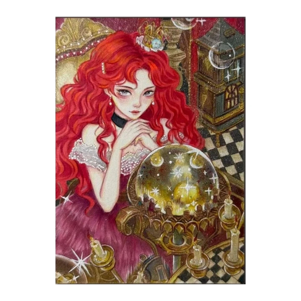 White-background original artwork of a red-haired fantasy oracle with a glowing crystal ball
