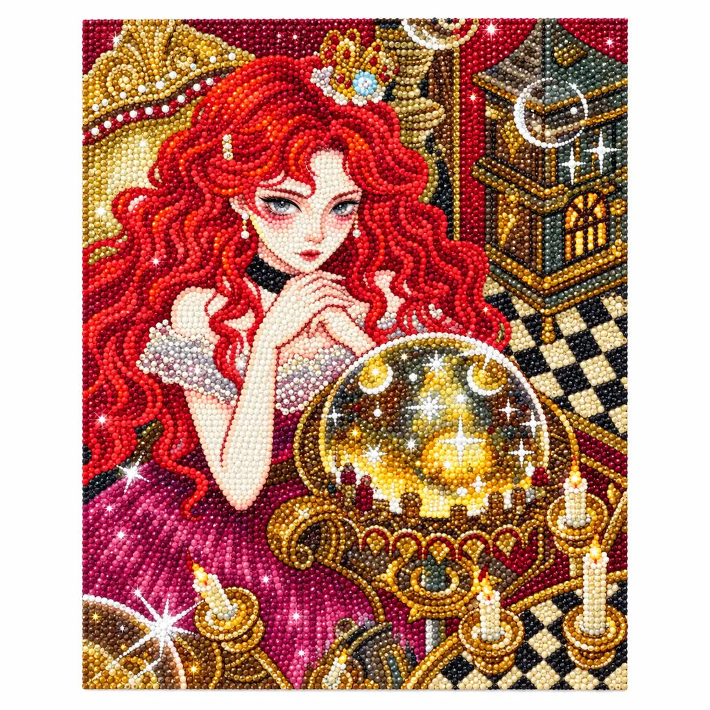 White-background finished diamond painting of a red-haired oracle studying a crystal sphere