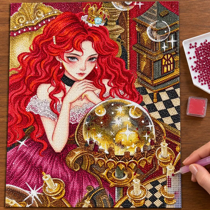 Hands placing drills on the red-haired oracle crystal ball diamond painting canvas