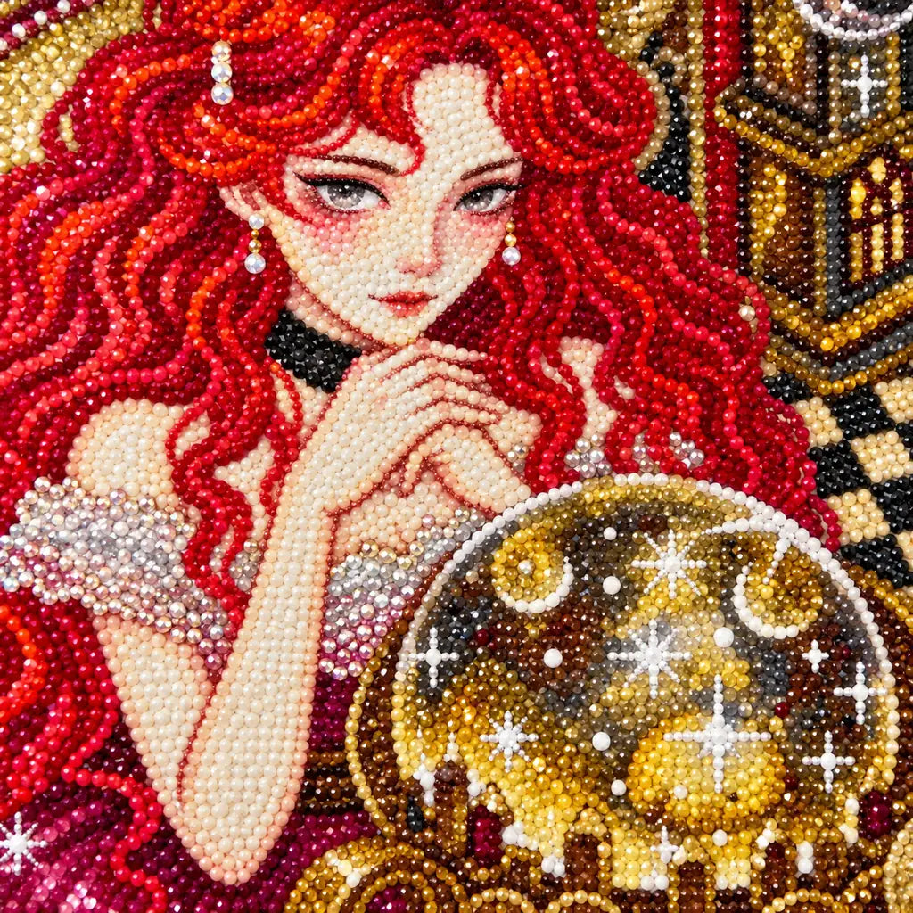 Close-up diamond detail of the crystal ball and jeweled fantasy portrait