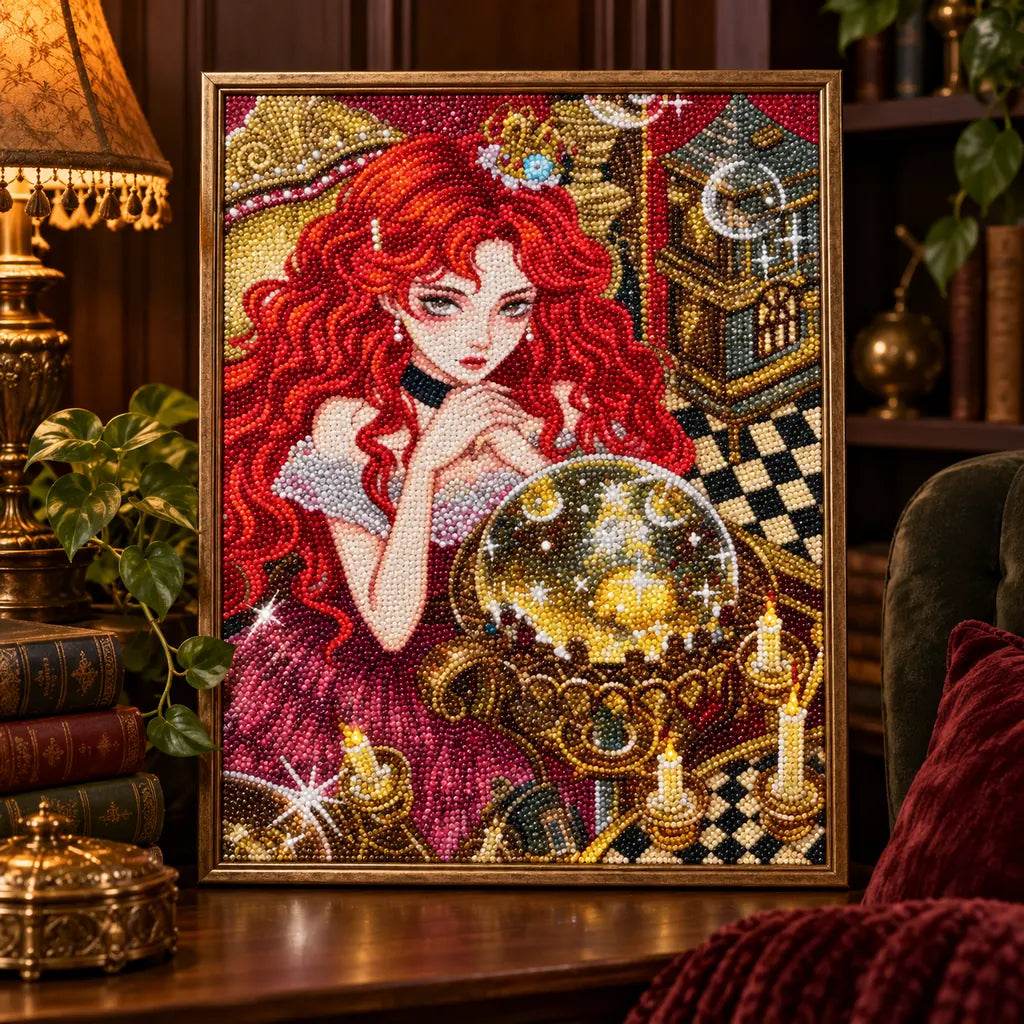 Framed home display of the red-haired crystal oracle diamond painting