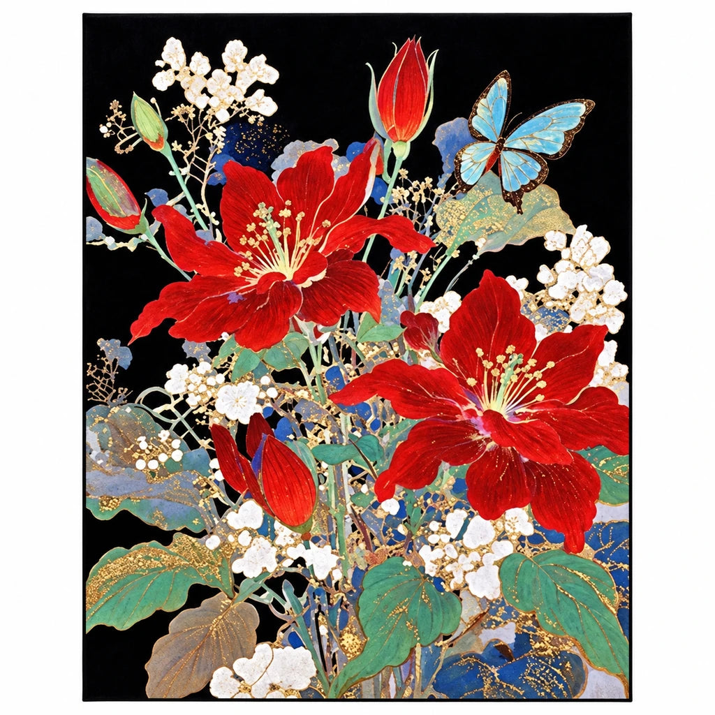 Original artwork showing red hibiscus blooms, pale blossoms, and blue butterflies.