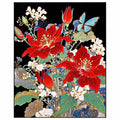 Original artwork showing red hibiscus blooms, pale blossoms, and blue butterflies.