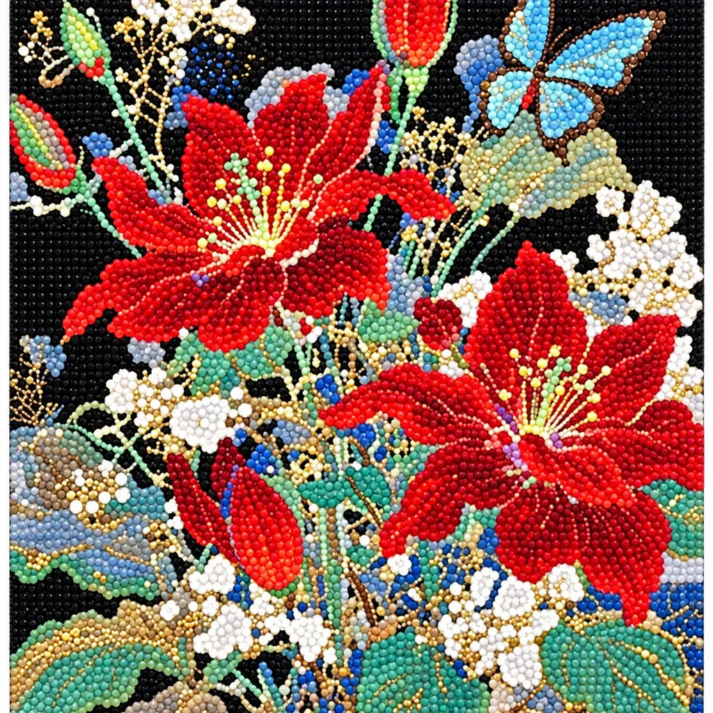 Finished diamond painting of red hibiscus blooms, pale blossoms, and blue butterflies.