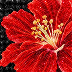 Close-up of diamond drill details in red hibiscus blooms, pale blossoms, and blue butterflies.