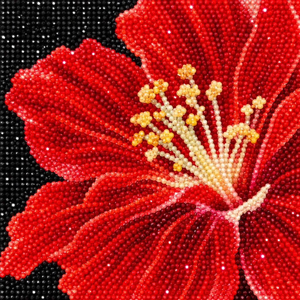 Close-up of diamond drill details in red hibiscus blooms, pale blossoms, and blue butterflies.