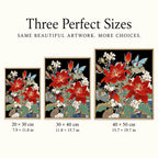Size guide for Red Hibiscus Butterfly Diamond Painting Kit: 20 × 30 cm, 30 × 40 cm, and 40 × 50 cm.