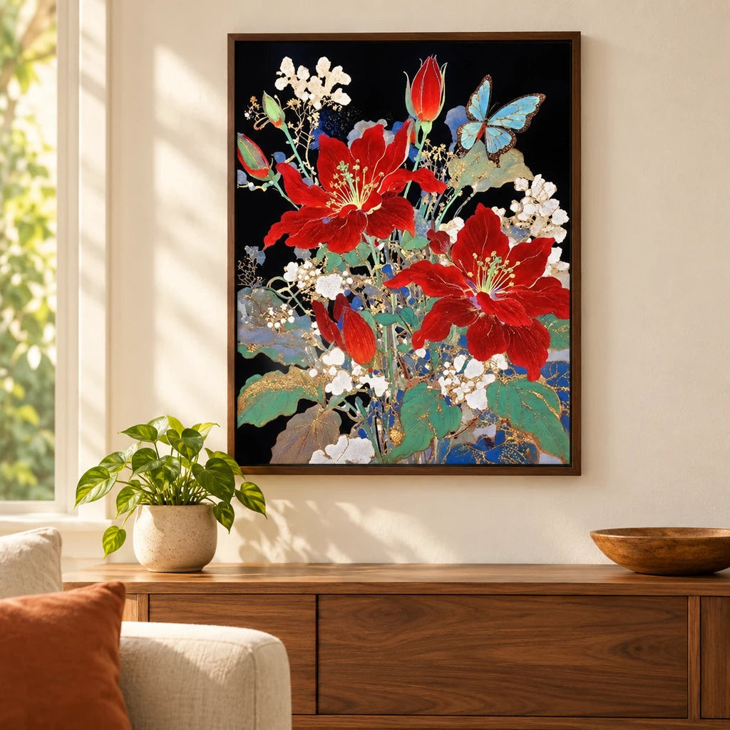Home decor scene showing red hibiscus blooms, pale blossoms, and blue butterflies displayed on a wall.