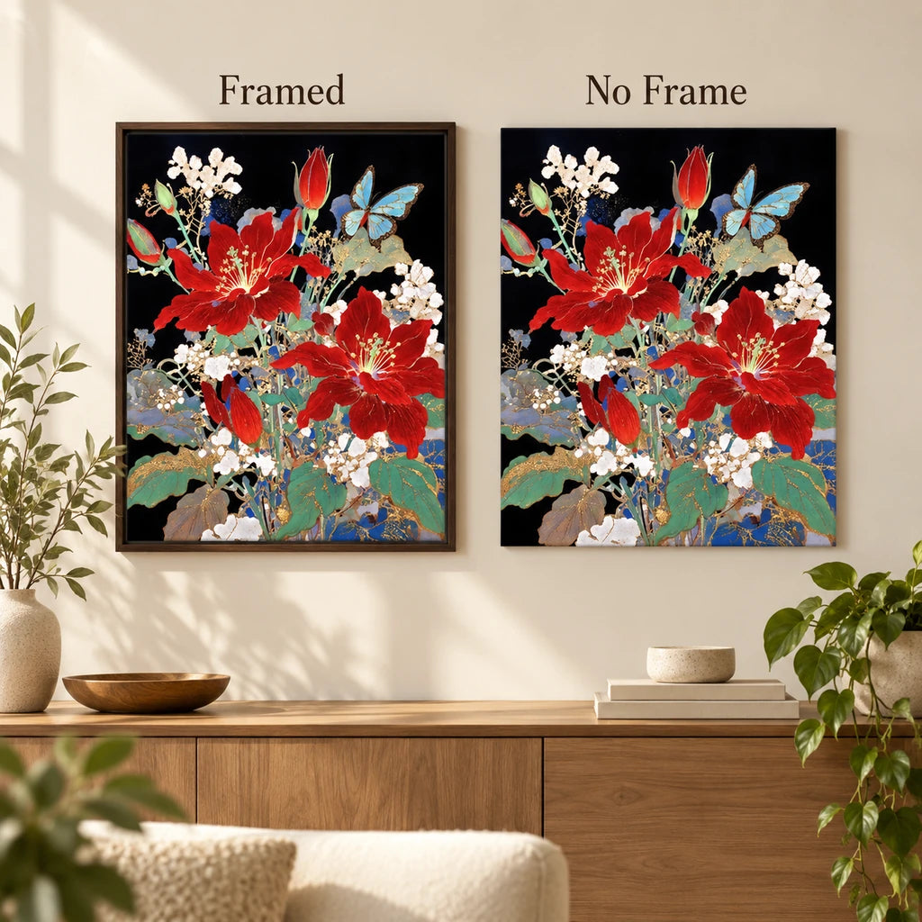 Framed and no-frame comparison for Red Hibiscus Butterfly Diamond Painting Kit.