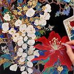 Diamond painting process for Red Hibiscus White Blossoms Diamond Painting Kit, with drills being placed over red hibiscus and white blossoms with pale accents on a dark background.
