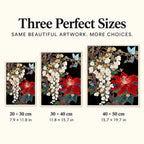 Size guide for Red Hibiscus White Blossoms Diamond Painting Kit: 20 × 30 cm, 30 × 40 cm, and 40 × 50 cm.