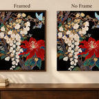 Framed and no-frame comparison for Red Hibiscus White Blossoms Diamond Painting Kit.