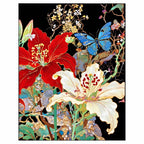 Original artwork showing red hibiscus, white lilies, and blue butterflies.