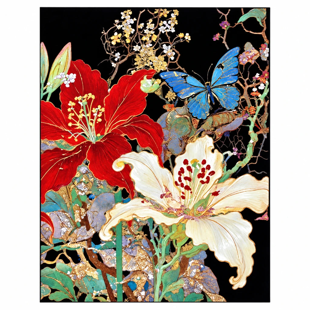 Original artwork showing red hibiscus, white lilies, and blue butterflies.