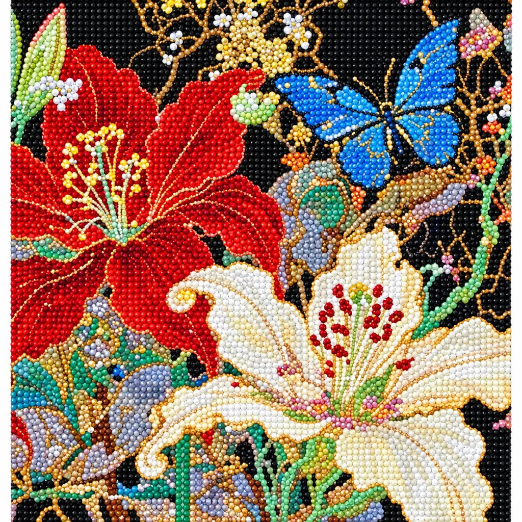 Finished diamond painting of red hibiscus, white lilies, and blue butterflies.