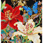Finished diamond painting of red hibiscus, white lilies, and blue butterflies.