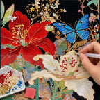 Diamond painting process for red hibiscus, white lilies, and blue butterflies.
