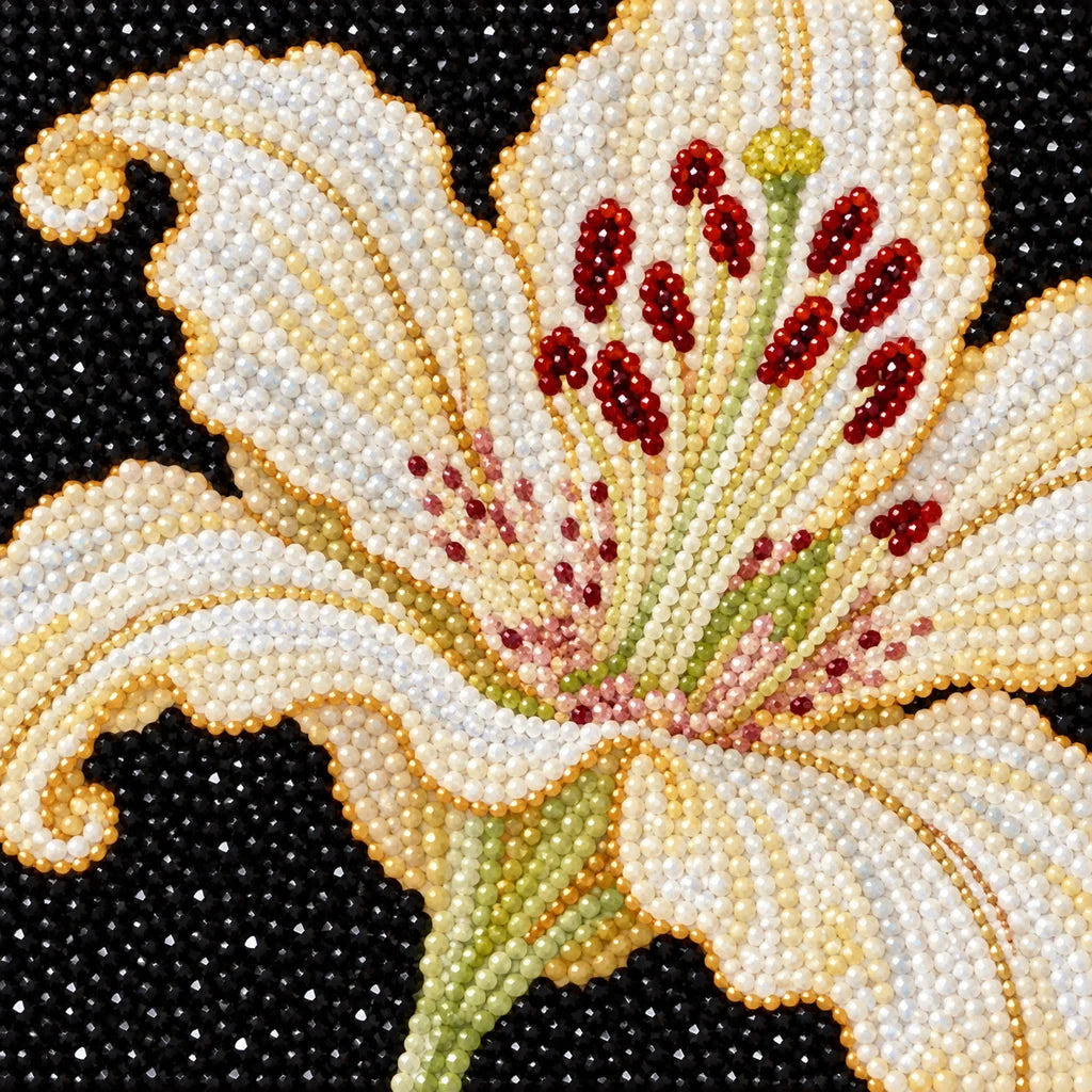 Close-up of diamond drill details in red hibiscus, white lilies, and blue butterflies.