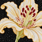 Close-up of diamond drill details in red hibiscus, white lilies, and blue butterflies.