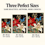 Size guide for Red Hibiscus White Lily Butterfly Diamond Painting Kit: 20 × 30 cm, 30 × 40 cm, and 40 × 50 cm.