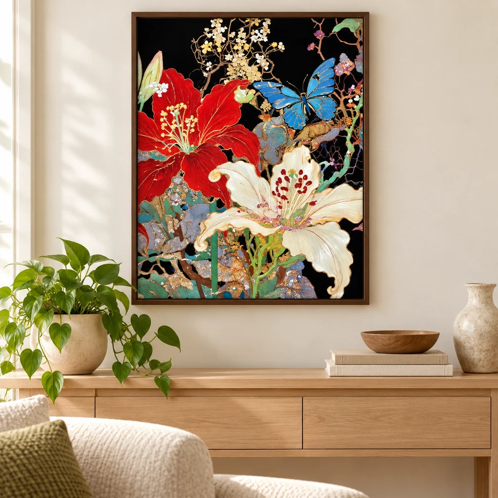 Home decor scene showing red hibiscus, white lilies, and blue butterflies displayed on a wall.