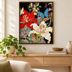 Home decor scene showing red hibiscus, white lilies, and blue butterflies displayed on a wall.