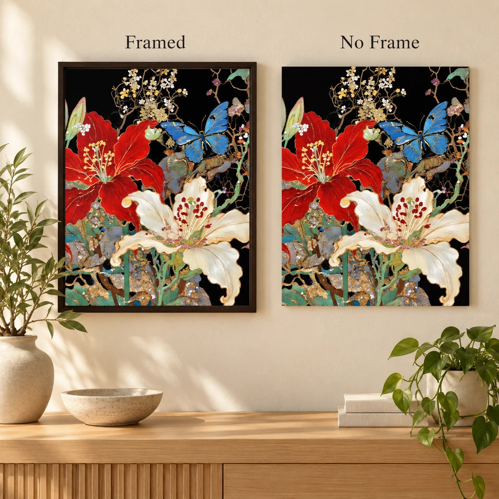 Framed and no-frame comparison for Red Hibiscus White Lily Butterfly Diamond Painting Kit.